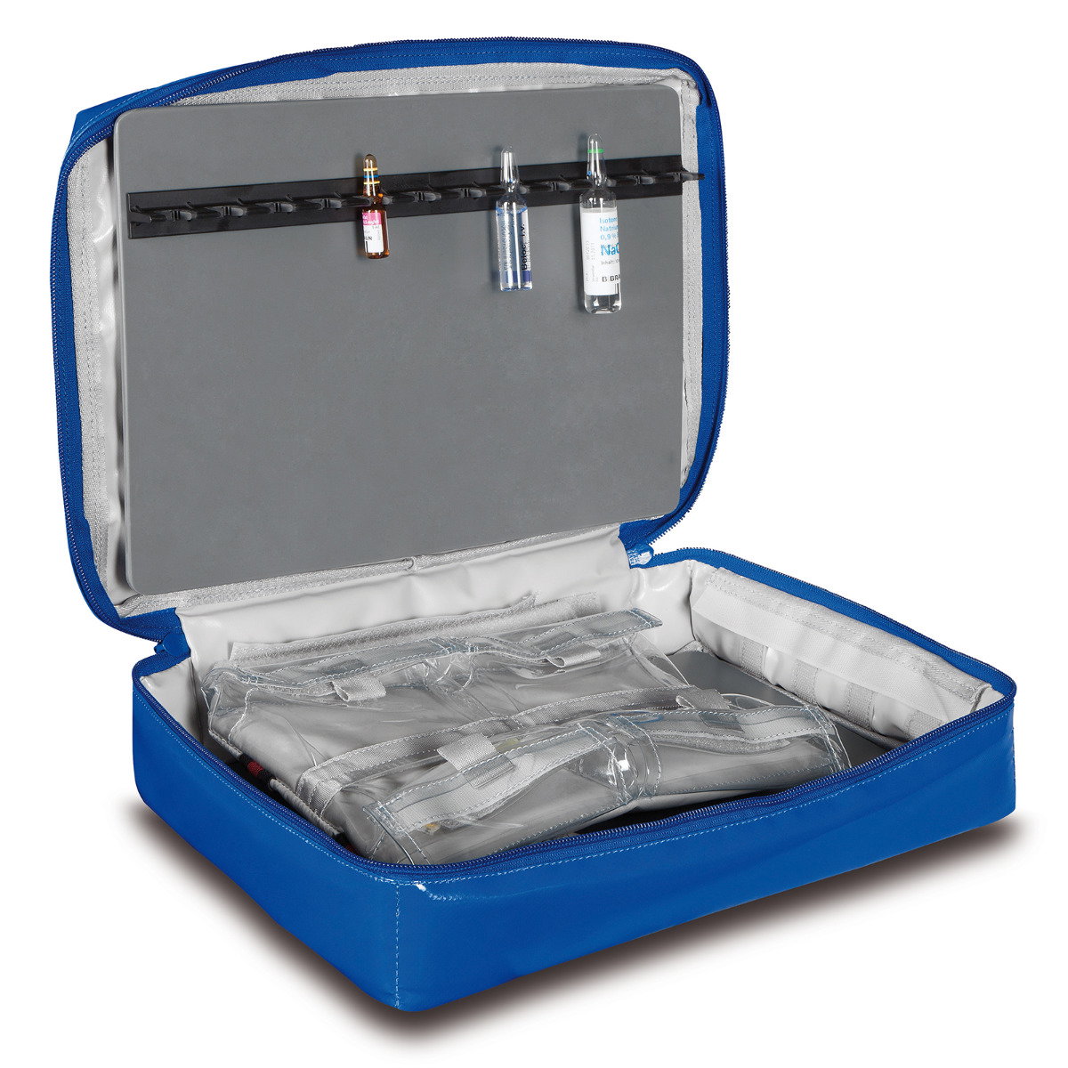 PAX Ampullarium XL Schiene/Clip-In in der Farbe blau, geöffnet.