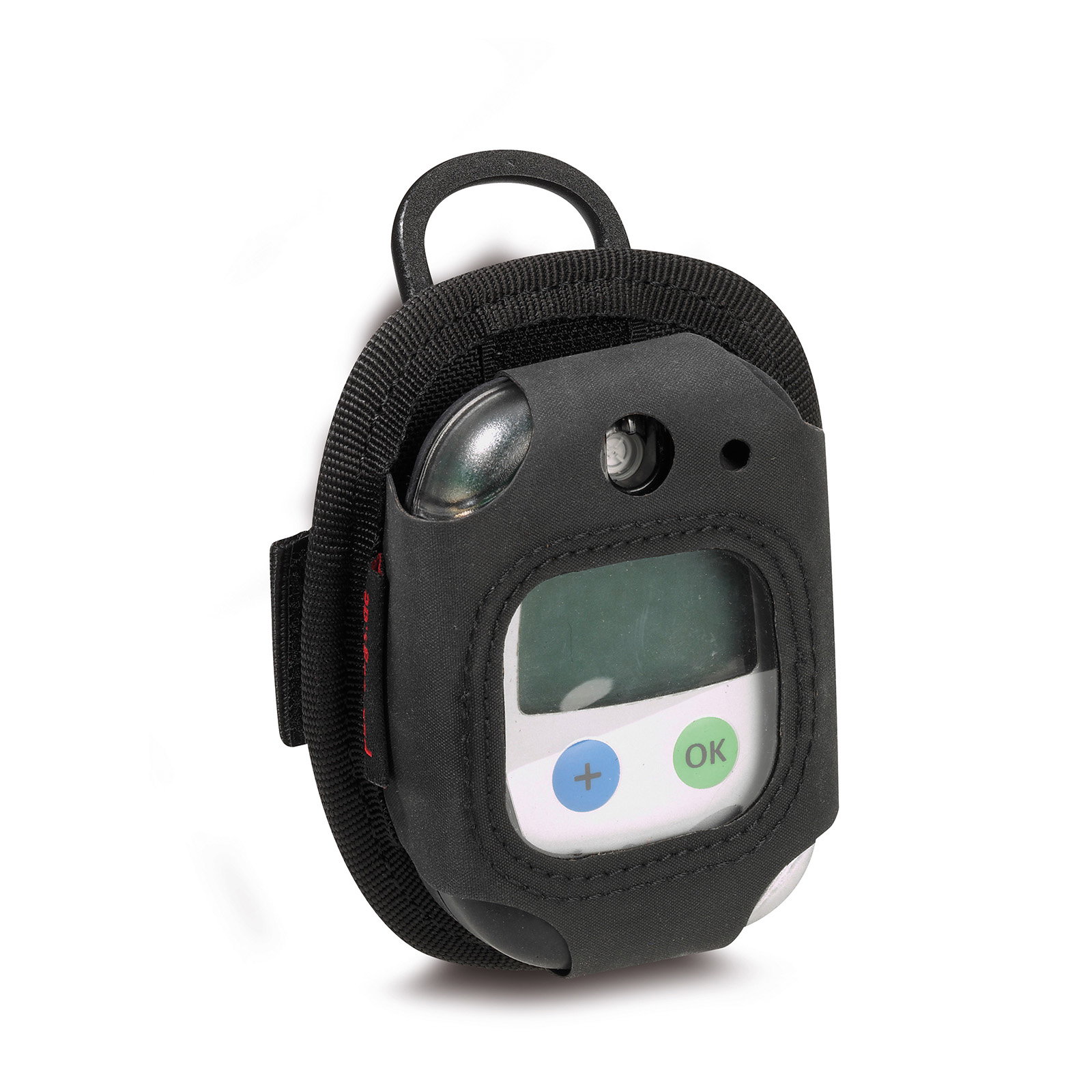 PAX Holster für Dräger CO-Messgerät. Frontansicht. Abbildung mit beispielhaftem Melder, nicht im Lieferumfang enthalten.