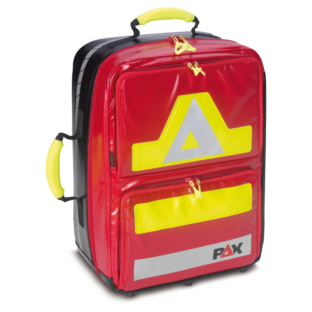 PAX Berlin, Notfallrucksack mit flach anliegenden Fronttaschen für eine platzsparende Verlastung im Einsatzfahrzeug. Abbildung Farbe rot. 
