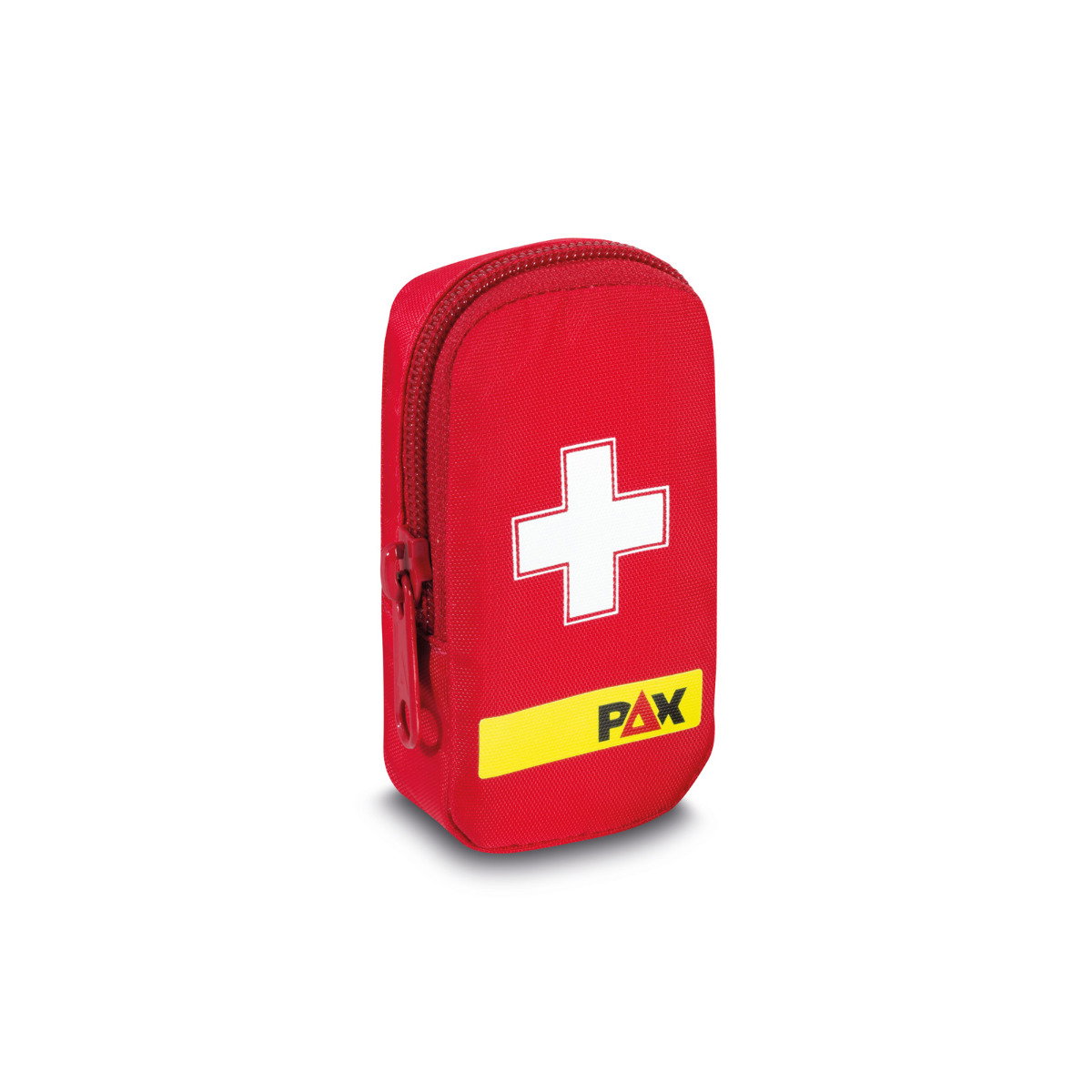 Eine kleine rote Tasche. An der Front wurde ein kleines weißes Kreuz und da PAX Logo eingearbeitet. Öffnen lässt sie sich über einen Reißverschluss.