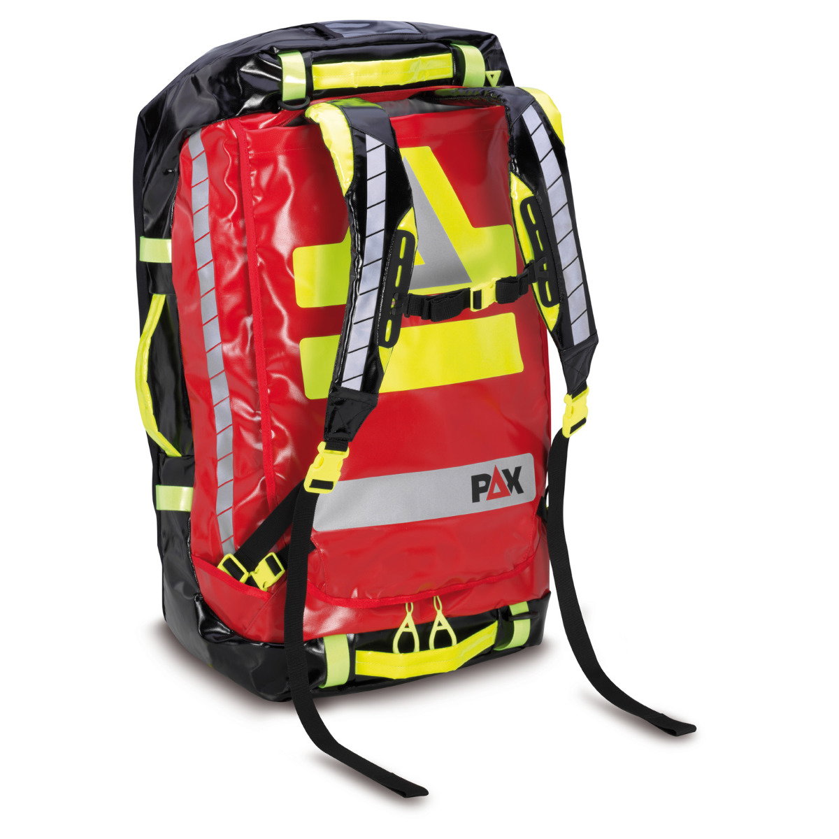PAX Stuff Bag M, Farbe rot, Material PAX Tec, Frontansicht aufrecht stehend mit Schultergurten. 
