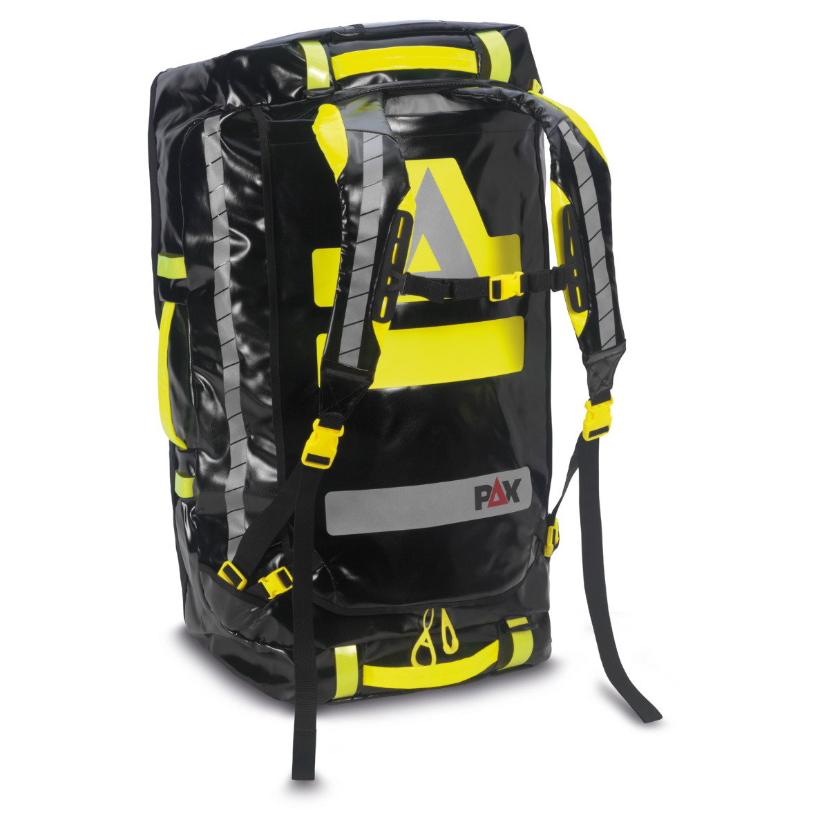 PAX Stuff-Bag L, Frontansicht stehend mit Schutergurten, Farbe schwarz, Material PAX-Tec.